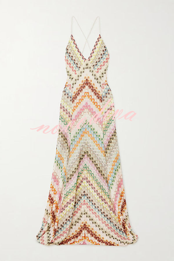 Summer Knit Colorful Herringbone Print Open Beck Maxi Dress