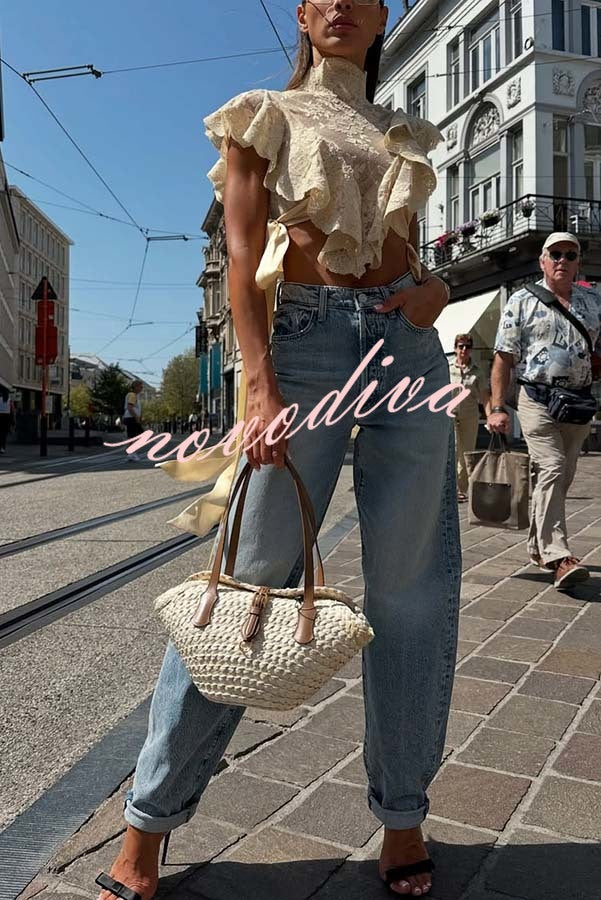 Salenia Lace Appliqué High Neck Side Tie-up Ruffle Cropped Top