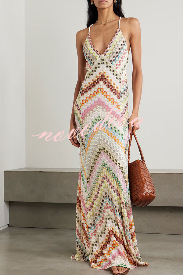 Summer Knit Colorful Herringbone Print Open Beck Maxi Dress