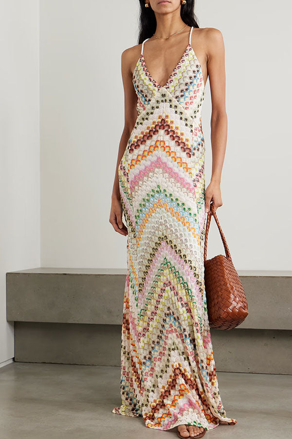 Summer Knit Colorful Herringbone Print Open Beck Maxi Dress