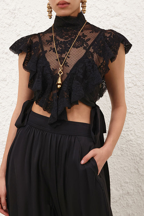 Salenia Lace Appliqué High Neck Side Tie-up Ruffle Cropped Top