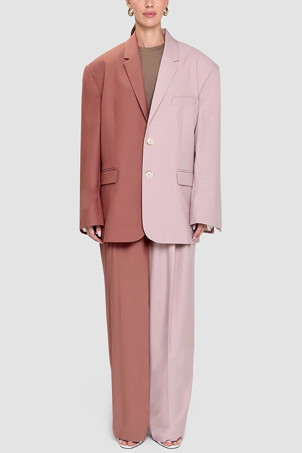 Girl Boss Avant-garde Contrast Colors Lapel Boyfriend Blazer and Pocketed Wide Leg Pants Set