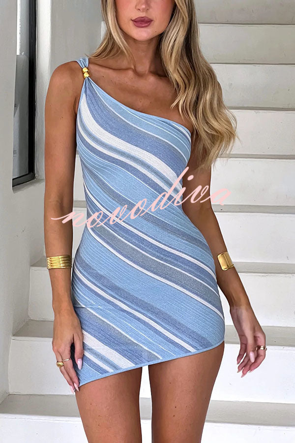 Hot Summer Girls Knit Striped Metal Beaded One Shoulder Stretch Mini Dress