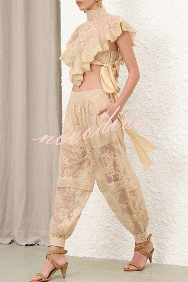 Salenia Lace Appliqué High Neck Side Tie-up Ruffle Cropped Top