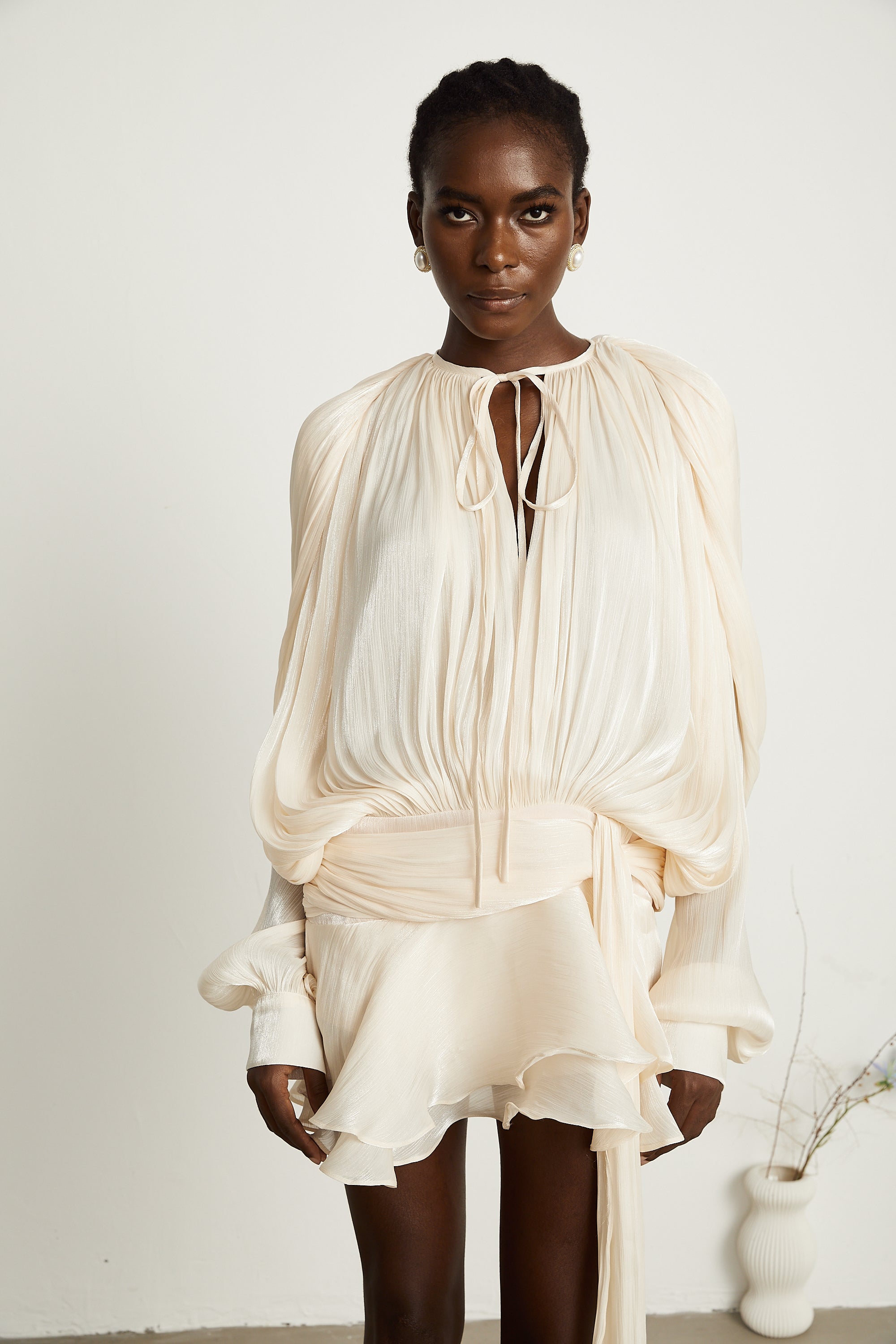 Eugénie Neutral Fully Pleated Ruffled Mini Dress