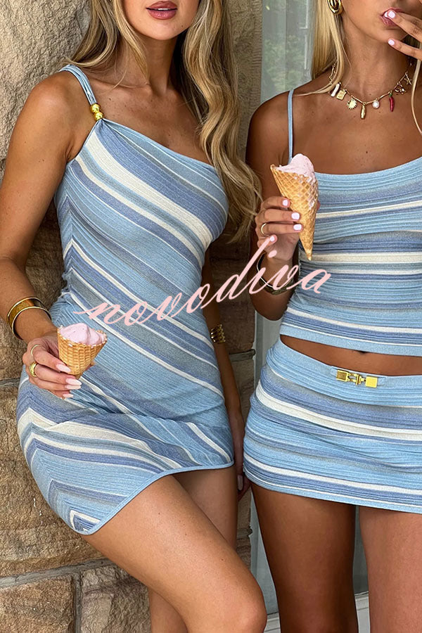 Hot Summer Girls Knit Striped Metal Beaded One Shoulder Stretch Mini Dress