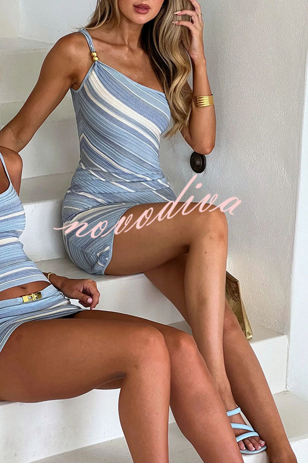 Hot Summer Girls Knit Striped Metal Beaded One Shoulder Stretch Mini Dress