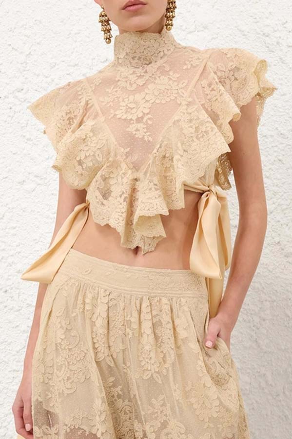 Salenia Lace Appliqué High Neck Side Tie-up Ruffle Cropped Top