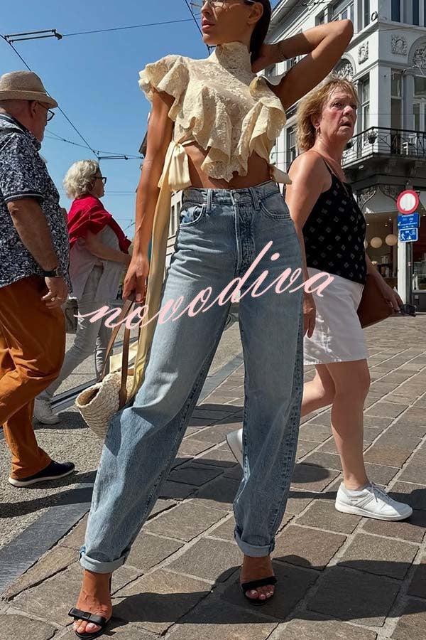 Salenia Lace Appliqué High Neck Side Tie-up Ruffle Cropped Top