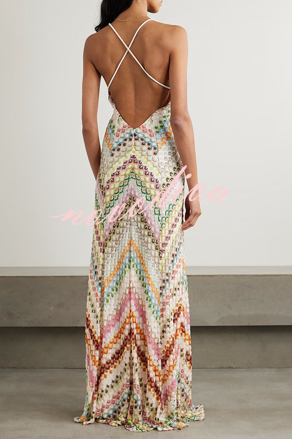 Summer Knit Colorful Herringbone Print Open Beck Maxi Dress