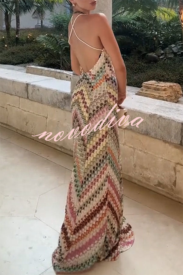Summer Knit Colorful Herringbone Print Open Beck Maxi Dress